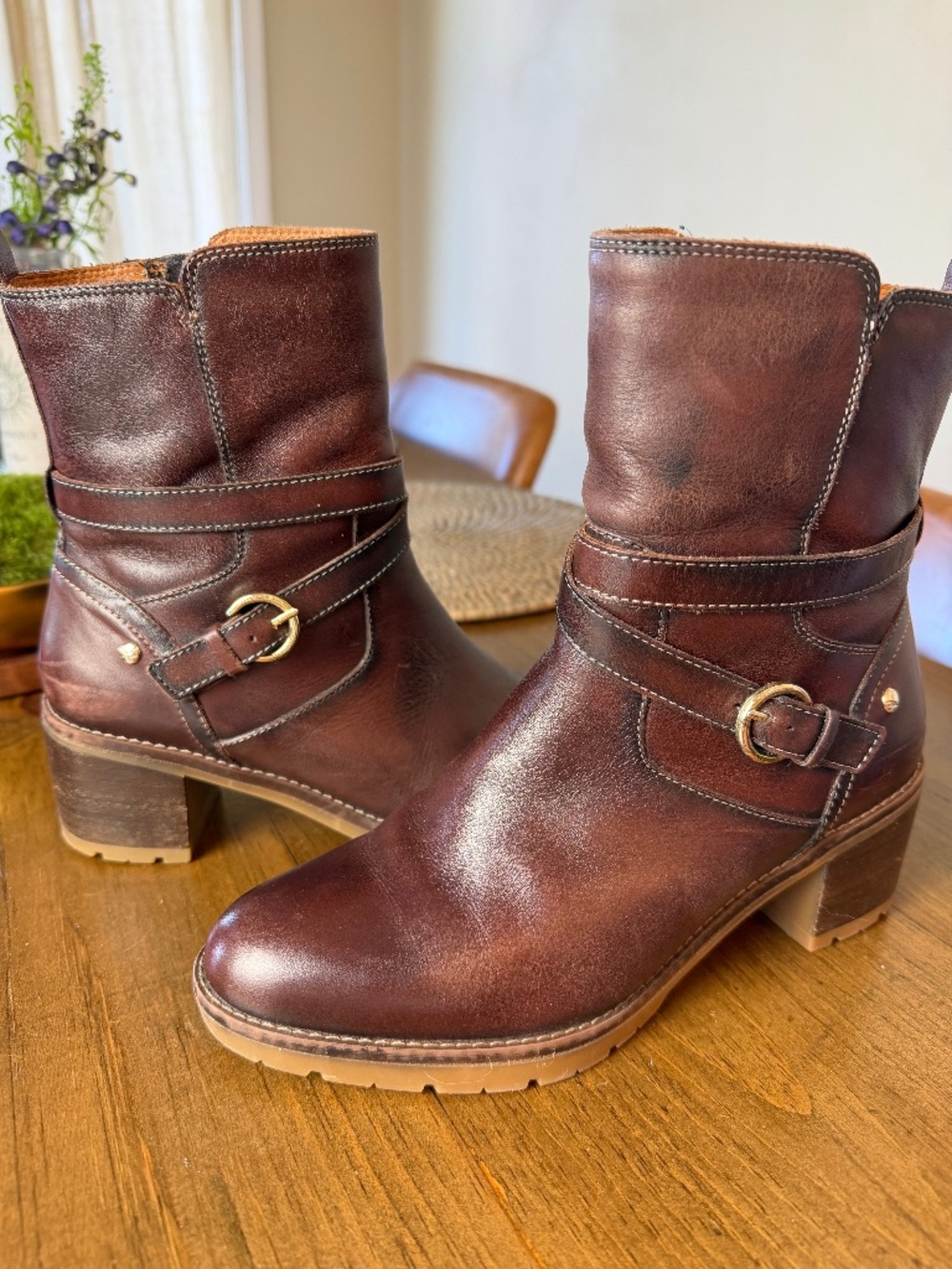 PIKOLINOS Brown Leather Ankle Boots Side Zip, Strap, Buckle Accent Women's 37